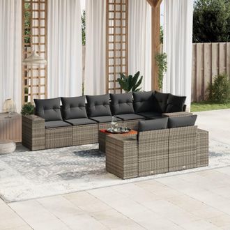 vidaXL Set De Muebles De Jard&iacute;n 9 Pzas Y Cojines Rat&aacute;n Sint&eacute;tico Gris Vidaxl