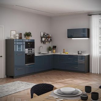 Vicco Cucina Angolare Completa Fame-line, Blu Scuro Lucido/antracite, 327 X 227 Cm, Pl Rovere, Vicco