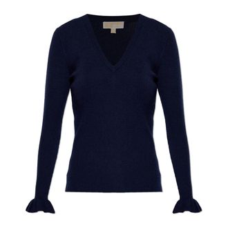 Michael Kors Geribbelde trui met V-hals van wolmix - Dames - V-hals truien - Blauw - L - Wol - Truien & Vesten