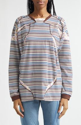 Paolina Russo Sport Floral Stripe Raglan Sleeve T-Shirt in White And Brown Stripes at Nordstrom, Size Medium