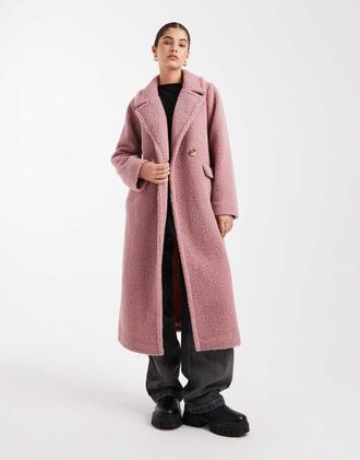 Threadbare Cappotto lungo rosa in pile borg