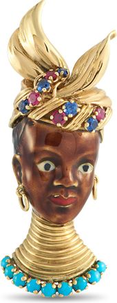 Luxury Bazaar Antique 18K Yellow Gold Sapphire, Ruby, Turquoise, and Enamel French Blackamoor Brooch MF12-050726