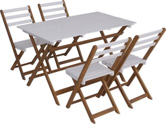 Hhg [nunca Usado] Conjunto Hhg-065, Conjunto De Muebles De Jard&iacute;n, Conjunto De Comedor, 4 Sillas, Mesa, Madera De Acacia Plegable, Blanco Natural