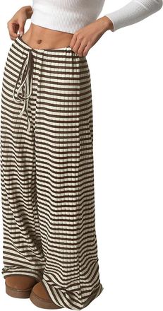 Generic Womens Striped Wide Leg Trousers Baggy Drawstring Elastic Waist Pants Womens Cinch Bottom Sweatpants with Pockets Ladies Yoga Pants Plain Tracksuit Li