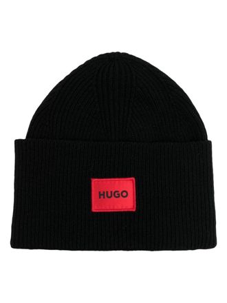 HUGO BOSS logo-patch knitted beanie - men - Wool/Recycled Polyamide/Recycled Wool - One Size - Black