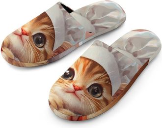Generic Cute Chef Kitty Cat Warm Mens Slippers Slip On Soft Fleece House Shoes Winter Indoor Outdoor