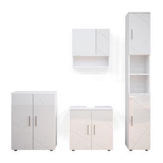 Vicco Conjunto De Muebles De Ba&ntilde;o Irma, Blanco Alto Brillo, 4 Piezas, Con Armario Alto Y Cajonera