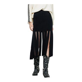 Akep Midi Skirts, female, Black, Size: M Short Viscose Skirt with Fringes
