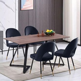 Ainpecca Ainpecca - 150cm Dining Table and Chair Set Brown - 4x Black Velvet Dining Chairs & Wooden Dining Table