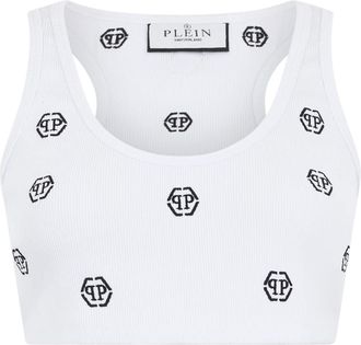 Philipp Plein Tops, Dames, Wit, XS, Katoen, Ribbed Mini Tank Top Monogram