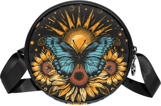 Generic Circle Crossbody Bag for Women, Butterfly Flowers Small Sling Bag Daypack with Zipper Adjustable Shoulder Straps Casual Ladies Girls Round Purse