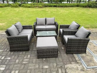 Fimous 7 Seater Dark Grey Mixed High Back Rattan Sofa Set Rectangular Coffee Table Garden Furniture Outdoor Patio