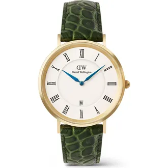 Daniel Wellington Classic Roman Numerals Leather Strap Watch, 40mm in White/Gold/Green at Nordstrom