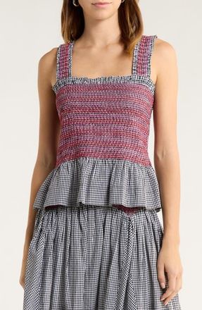Damson Madder Ami Smocked Organic Cotton Peplum Camisole in Black at Nordstrom, Size 16 Us
