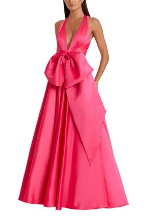 Mac Duggal Sleeveless Deep V Satin Gown With Oversized Bow in Hot Pink at Nordstrom, Size 10
