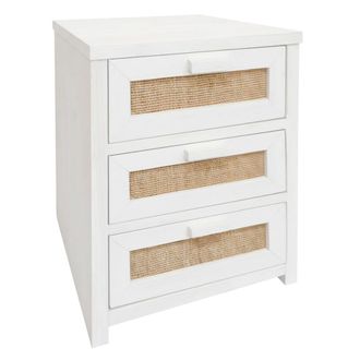 NATYAL Mesita de noche de madera y rafia natural 3 cajones tono blanco 40cm