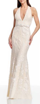 Dress The Population Devin Embroidered Lace Halter Evening Gown in Off White at Nordstrom, Size Xx-Large