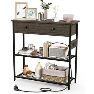 Costway Tavolo Consolle Stretto con 2 Cassetti e 2 Ripiani in Rete Metallica, Tavolo dIngresso con Stazione di Ricarica, 2 Prese ac e 2 Porte usb, Ideale