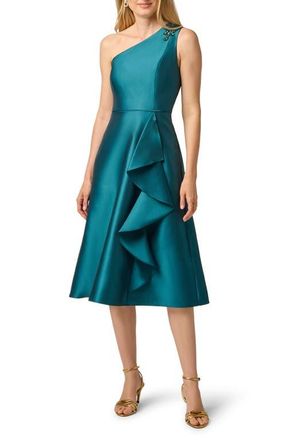 Adrianna Papell Embellished One-Shoulder Mikado Cocktail Dress in Hunter at Nordstrom, Size 14