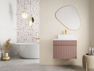Vente-Unique Mobile per bagno sospeso scanalato con lavabo da appoggio 60 cm Rosa - SATARA