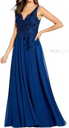 Cameron Blake V-Neck Beaded Lace Evening Gown In Navy