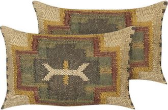 Beliani Set of 2 Jute Cotton Cushions Geometric Pattern 30 x 50 cm Multicolour Pulicat