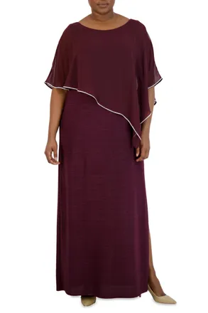 R & M Richards Sheer Cape Long Evening Dress In Burgundy