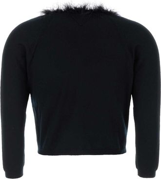 Prada Womens Cashmere With Feather Trim Cardigan Black