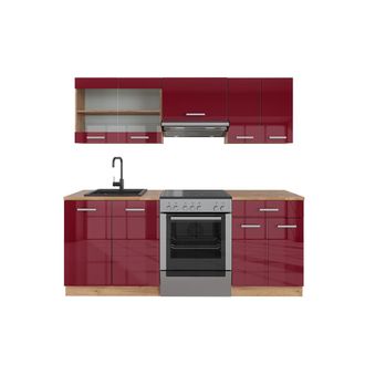 Vicco Mueble De Cocina R-line, Burdeos Brillo Intenso/roble Dorado, 200 Cm, Et Roble
