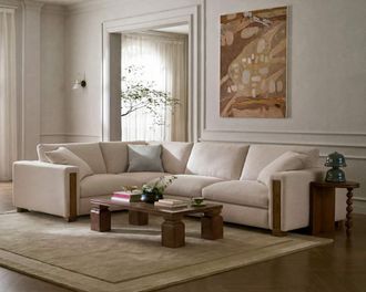 Castlery Tan France Kagan 4-Piece Chaise Sectional Couch, (Basketweave) Cream - Modern Heritage Modular Sofa - Solid Oak Pillars, Cream Color