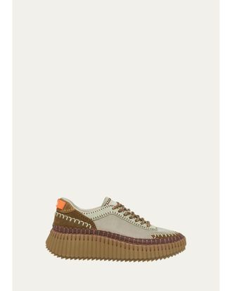Chlo&eacute; Nama Mixed Leather and Mesh Stitch Platform Sneakers
