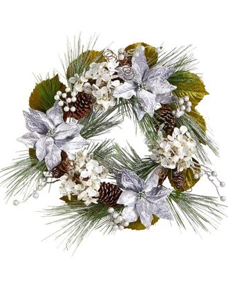 Nearly Natural Silver Poinsettia, Hydrangea And Pinecones Artificial Christmas Wreath