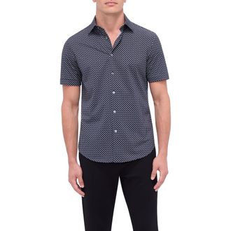 Bugatchi Miles OoohCotton Palm Print Short Sleeve Button-Up Shirt in Black at Nordstrom, Size Xxx-Large