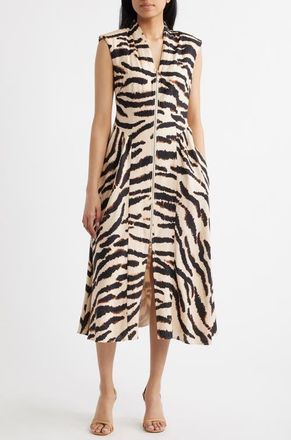 Vince Camuto Abstract Animal Print Cocktail Midi Dress in Black/Beige Leopard Print at Nordstrom, Size 10