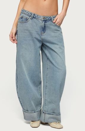 Edikted Kella Low Rise Baggy Wide Leg Jeans in Blue-Vintage-Washed at Nordstrom, Size X-Small