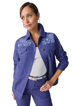 Jessica London Classic Cotton Denim Jacket in Dusk Paisley Embroidery at Nordstrom, Size 20