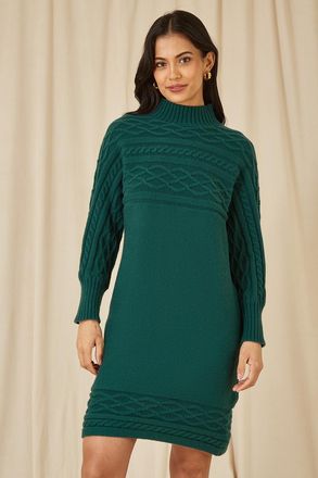 Yumi Womens Green Roll Neck Knitted Dress With Fitted Waist - Size Large