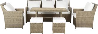 Beliani Conjunto De Jard&iacute;n 5 Plazas De Rat&aacute;n Sint&eacute;tico Marr&oacute;n Sof&aacute;s 2 Sillones Mesa 2 Otomanas Cojines Blancos Comedor Exterior Fonti