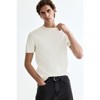 H&M Slim Fit Knitted T-shirt in Cream at Nordstrom, Size Xx-Large