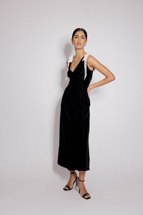 Nobody's Child Black Velvet Bow Shoulder Lenka Midi Dress