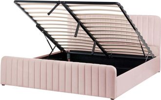Beliani Ottoman Bed Pastel Pink Fabric Upholstered EU Super King Size With Headboard and Footboard Lift- Up Storage LUNAN