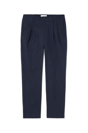 Mr P. Steve Straight-Leg Pleated Organic Cotton-Blend Seersucker Trousers