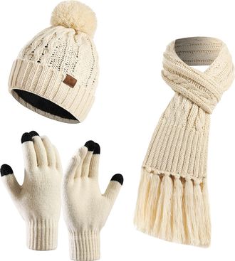Feoya Warm Beanie Hat Tassel Scarf Touchscreen Gloves Set Womens Autumn Winter Spring Thick Lined Knit Pompom Skull Cap Neck Warmer Mittens Off-White