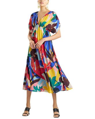 Natori Printed Silk Shirred Empire Waist Dress