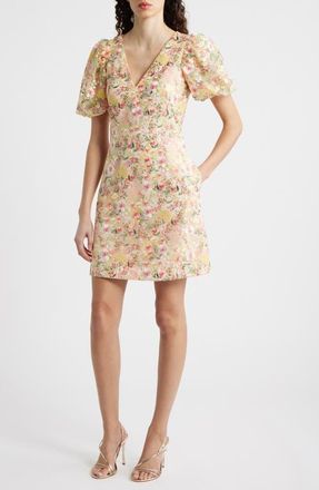 Eliza J Embroidered Puff Sleeve Cocktail Dress in Blush at Nordstrom, Size 10