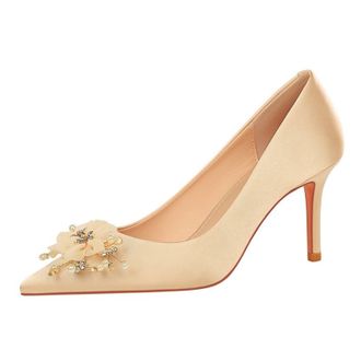 Generic Women Pointed Toe Stiletto High Heels 7CM Wedding Pumps Rhinestones Pearls Flower Lace Netting for Bride Prom Party (Champagne,8.5)