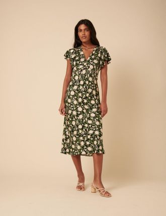 Nobody's Child Black Floral Frill Sleeve Martha Midi Dress