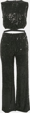 Maje Black Sequin Cut-Out Crop Top & Wide Leg Pants Set