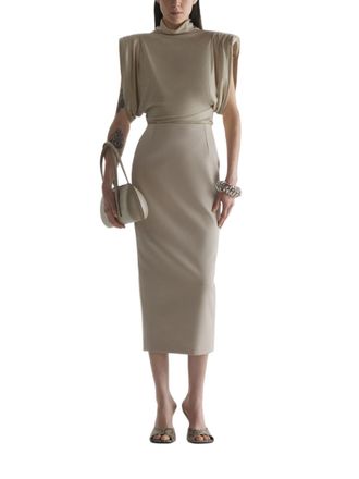 MUGLER Brown High-Neck Top with Structured Puff Sleeves