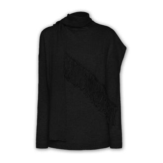 Elena Miro Truien & Vesten, Dames, Zwart, M, Wol, Gebreide trui met franjes en afneembare sjaal